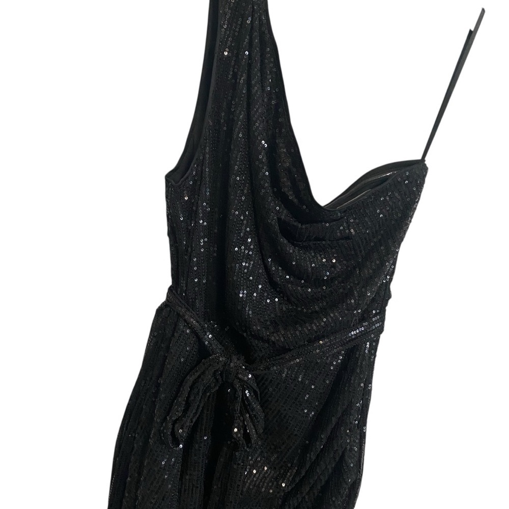Grace Karin Black Sequin One Shoulder Ruched Midi Evening Dress Size XL - Picture 3 of 7